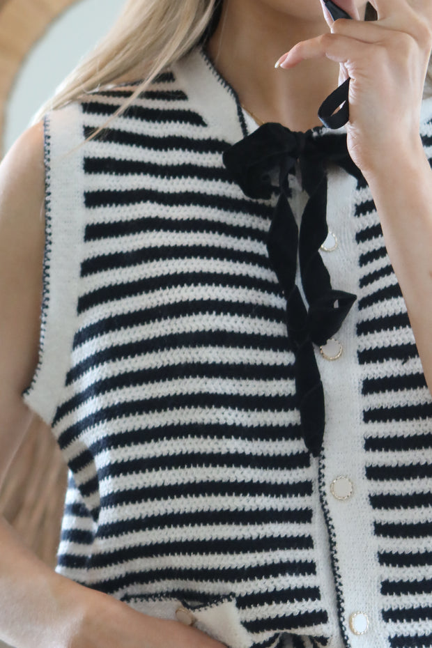 Stripe Knitted Button Up Vest with Bow - Black and White