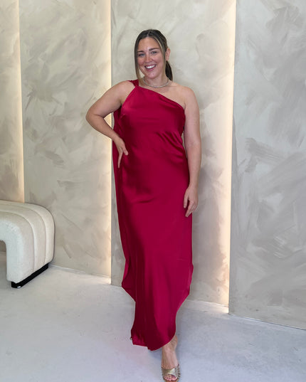 Asymmetric Midi Dress with Drape - Cherry