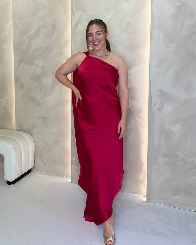 Asymmetric Midi Dress with Drape - Cherry