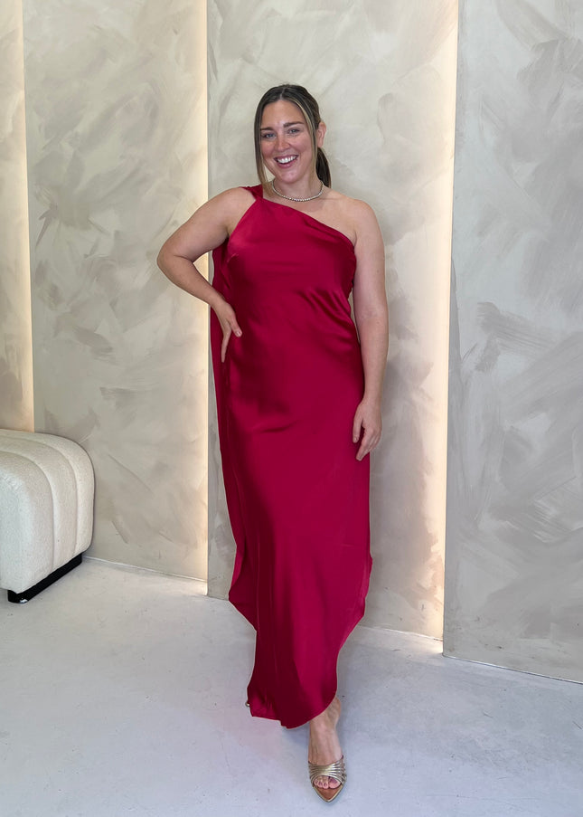 Asymmetric Midi Dress with Drape - Cherry