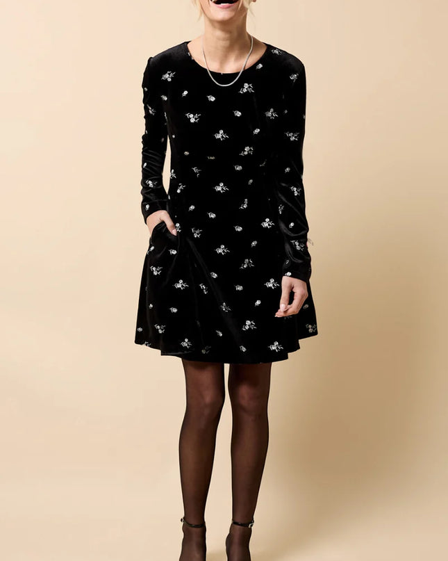 Sondra Velvet Embroidered Mini Dress - Black