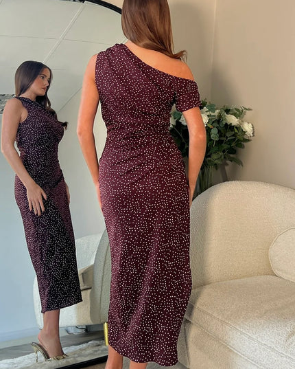Donna Asymmetric Neckline Midi Dress - Brown Spot