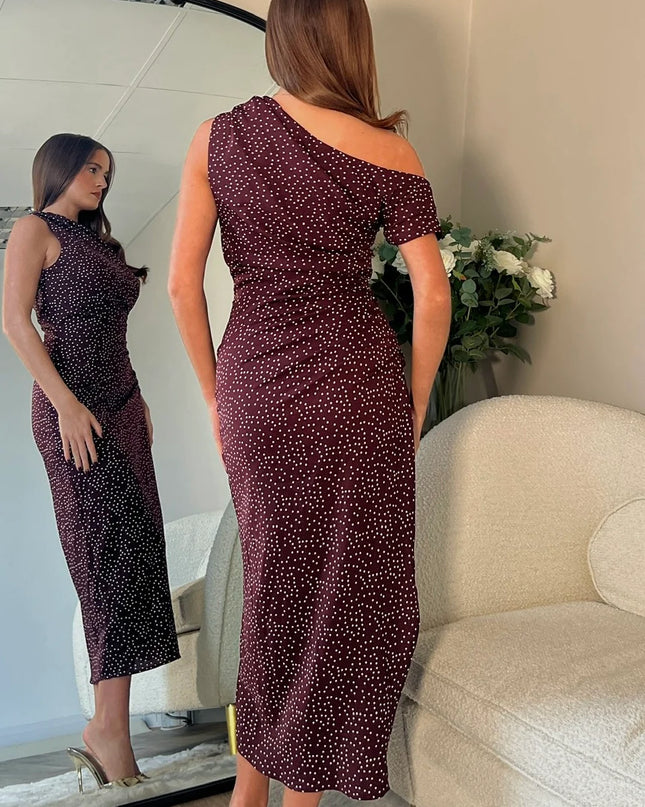 Donna Asymmetric Neckline Midi Dress - Brown Spot