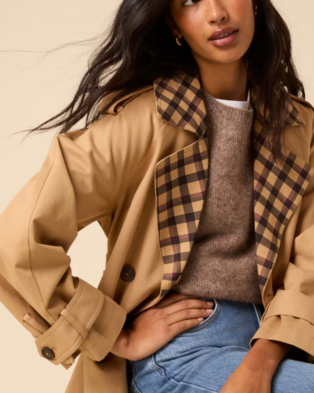 Camel Check Trim Trench Coat