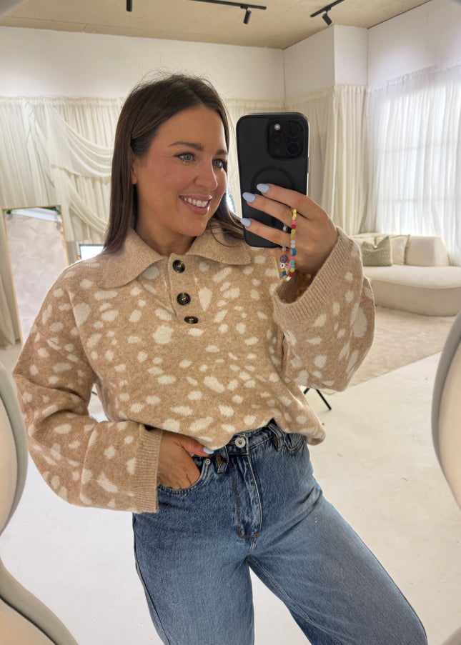 Collar Button Up Knit - Deer Print