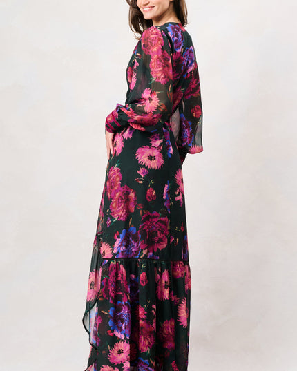 Carol Long Sleeve Wrap Dress - `Black Purple Multi