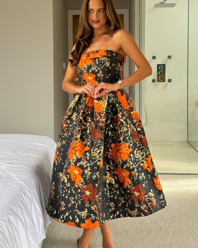 Danni Strapless Bandeau Midi Dress - Black And Gold