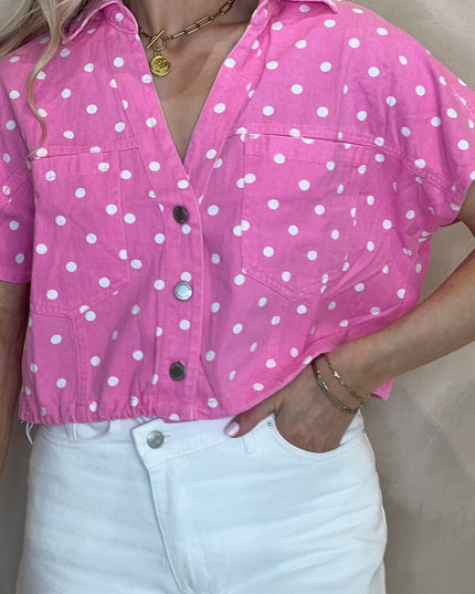 Polka Dot Crop Denim Shirt - Pink