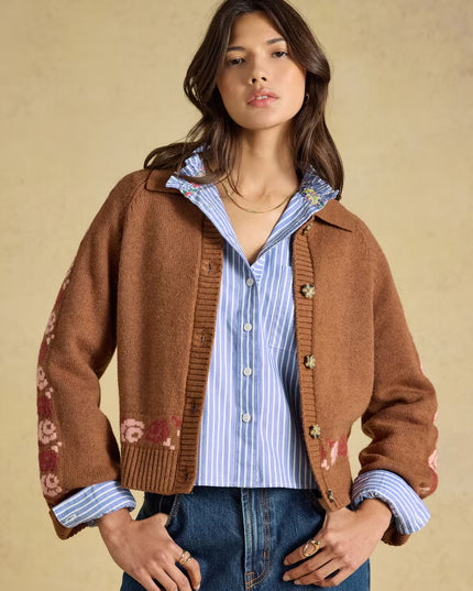 Joules Embroidered Cowboy Tan Knitted Cardigan - Brown