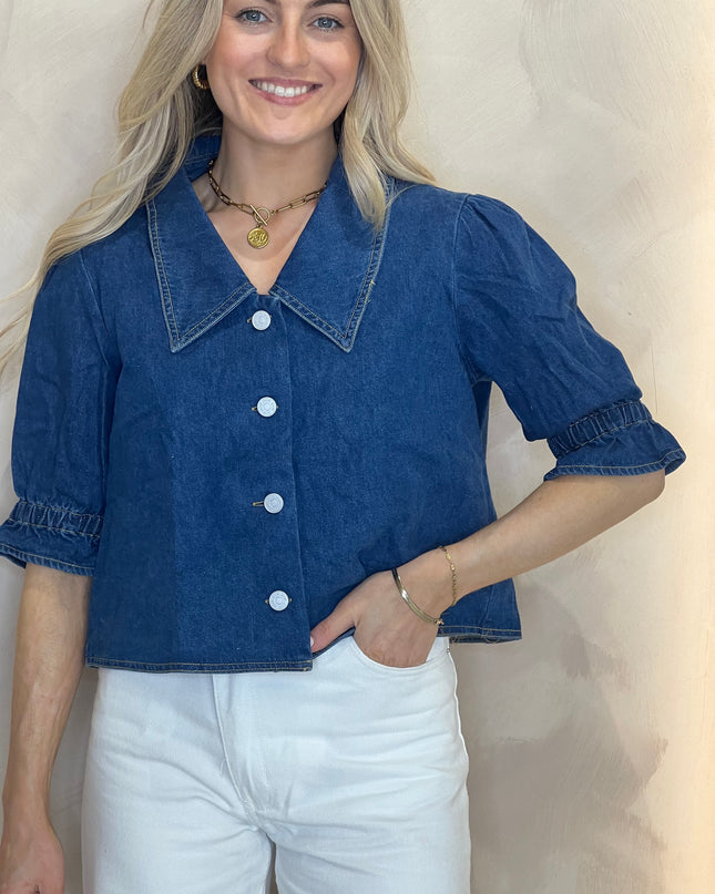 Cropped Denim Collared Top - Mid Blue