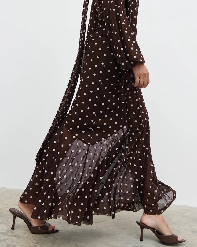 Petula Scarf Mesh Maxi Dress - Brown and Cream Polka Dot