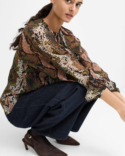French Connection Emina Chiffon Pleated Blouson Sleeve - Multi Snake Print