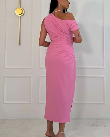 Donna Asymmetric Neckline Midi Dress - Light Pink
