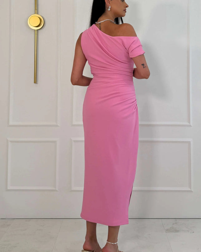 Donna Asymmetric Neckline Midi Dress - Light Pink