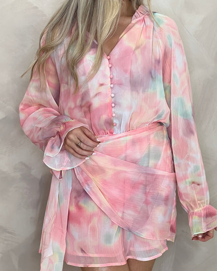 Mini Wrap Shirt Dress - Pink Multi