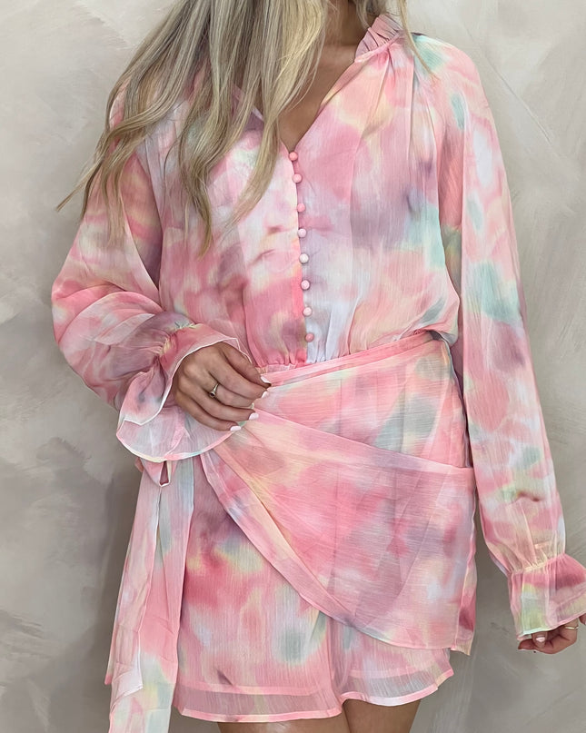 Mini Wrap Shirt Dress - Pink Multi