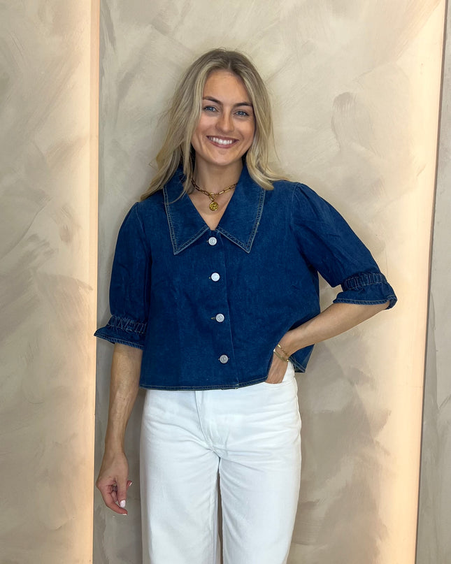 Cropped Denim Collared Top - Mid Blue