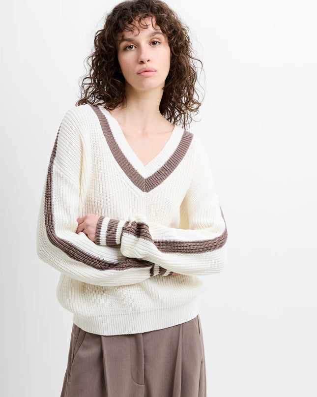 French Connection Varli Varsity V-Neck Jumper - Summer White/Taupe