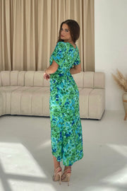 Cleo Print Ruched Detail Midi Dress - Green