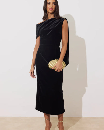 Eleni Drape Midi Dress - Black Velvet