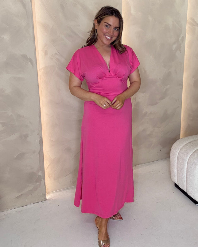 Stretch V-Neck Dress - Fuchsia
