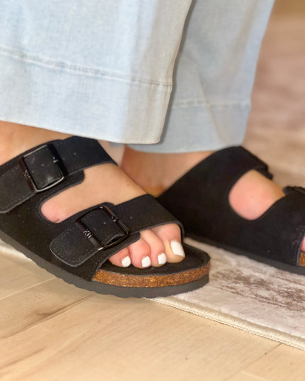 Double Buckle Suede Sandal - Black