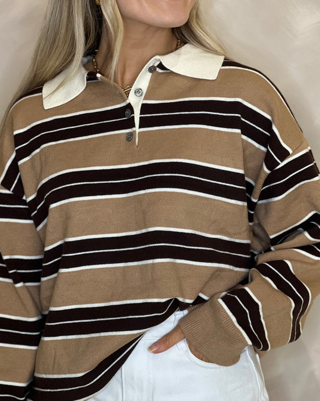 Knit Rugby Top - Camel and Coffee