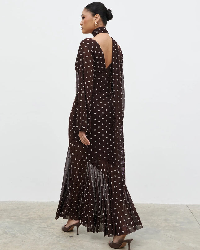 Petula Scarf Mesh Maxi Dress - Brown and Cream Polka Dot