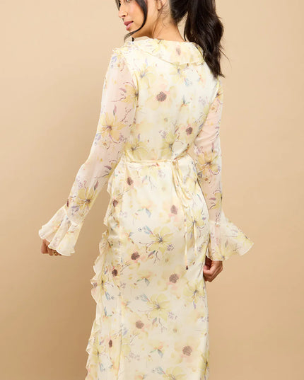 Elyse Floral Frill Midaxi Dress - Yellow