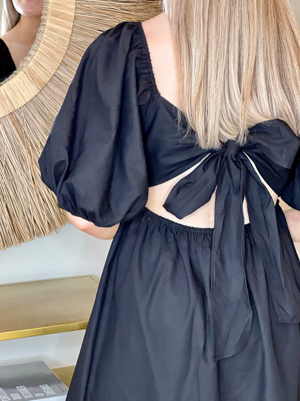 Anna Linen Tie Back Mini Dress - Black