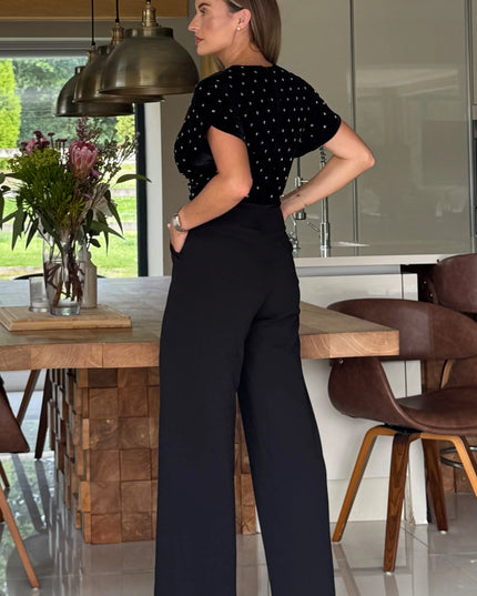 Bridget Twist Front Split Arm Jumpsuit Beaded Velvet - Black