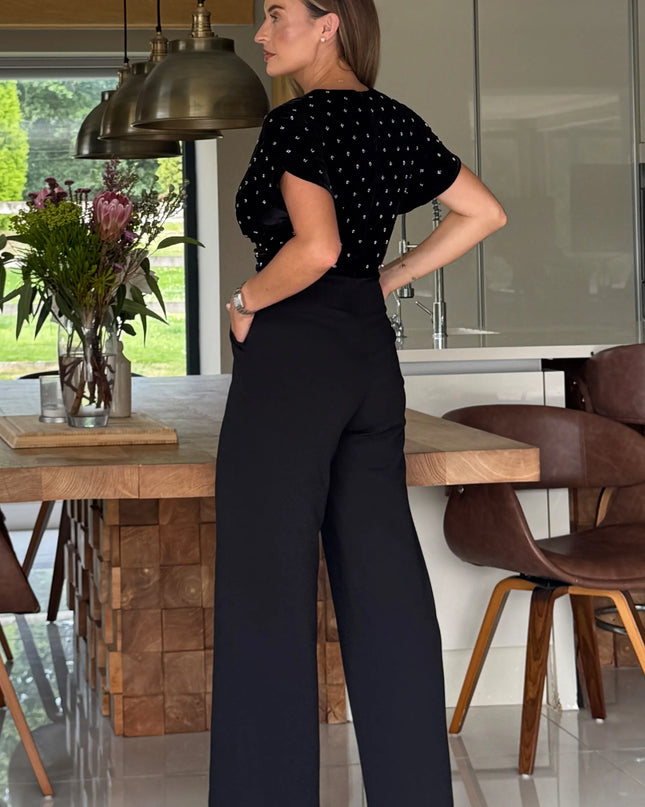 Bridget Twist Front Split Arm Jumpsuit Beaded Velvet - Black