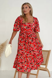 Aspen Square Neck Tiered Midaxi Dress - Red