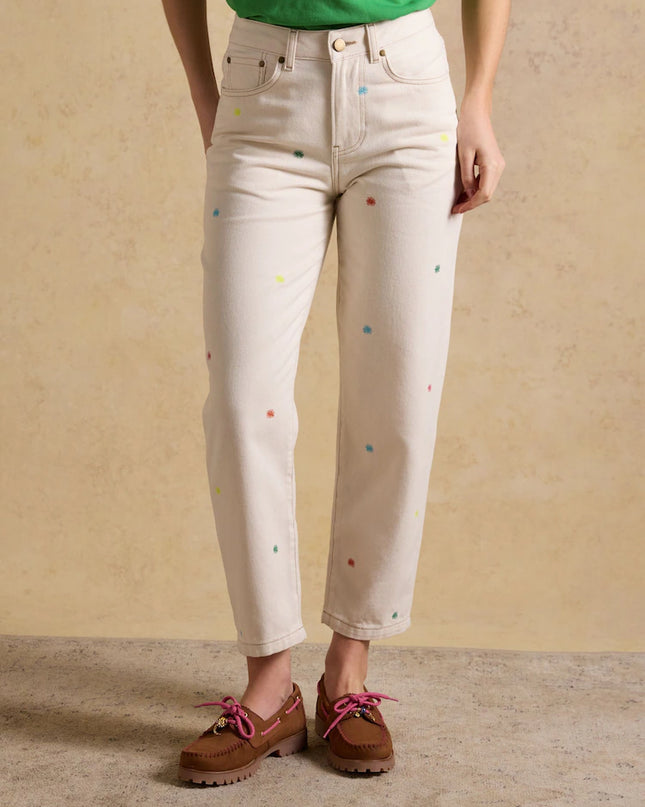 Embroidered High-Waisted Barrel Fit Jeans - Cream