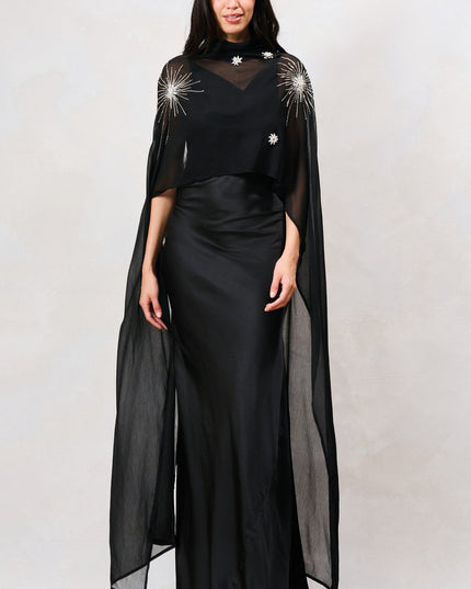 Annaka Maxi Dress with Detachable Embellished Cape - Black