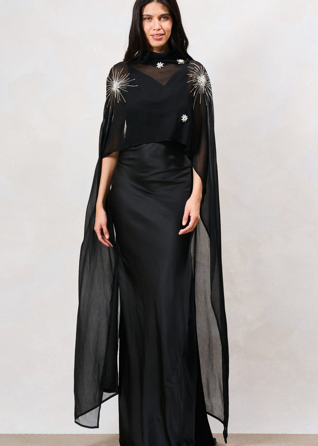 Annaka Maxi Dress with Detachable Embellished Cape - Black
