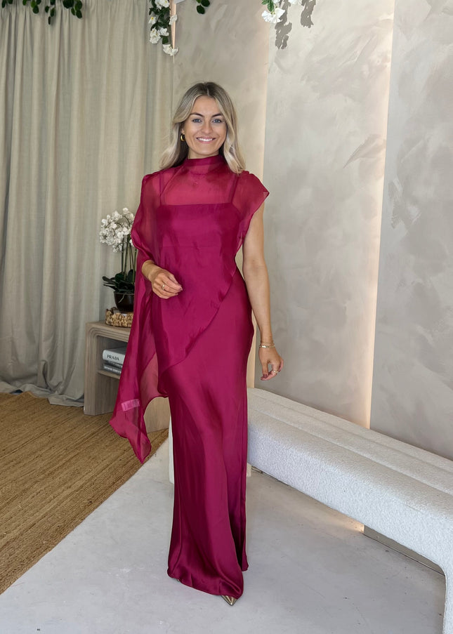 Saylor Cape Maxi Dress - Berry