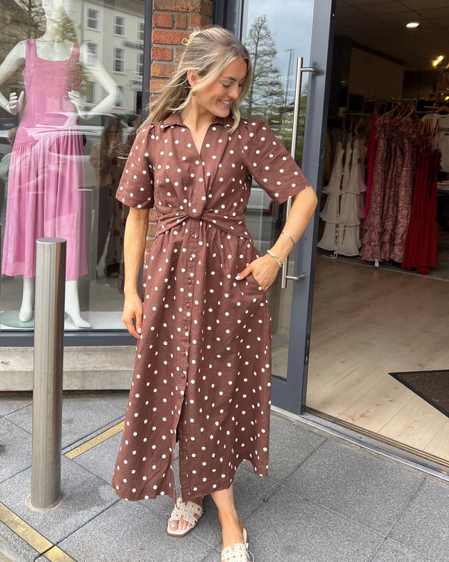 Marina Midi Linen Blend Dress - Brown Polka Dot