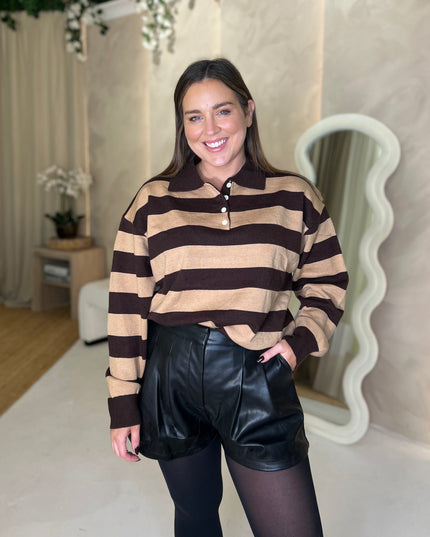 Knit Rugby Top - Coffee and Camel