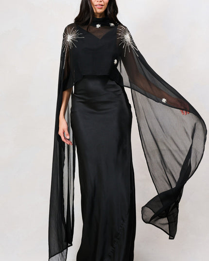Annaka Maxi Dress with Detachable Embellished Cape - Black