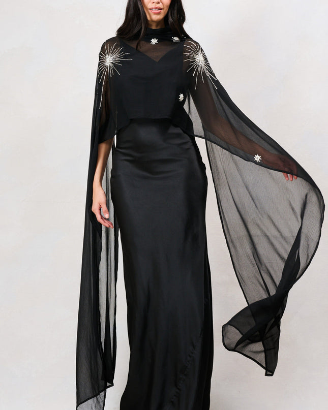 Annaka Maxi Dress with Detachable Embellished Cape - Black