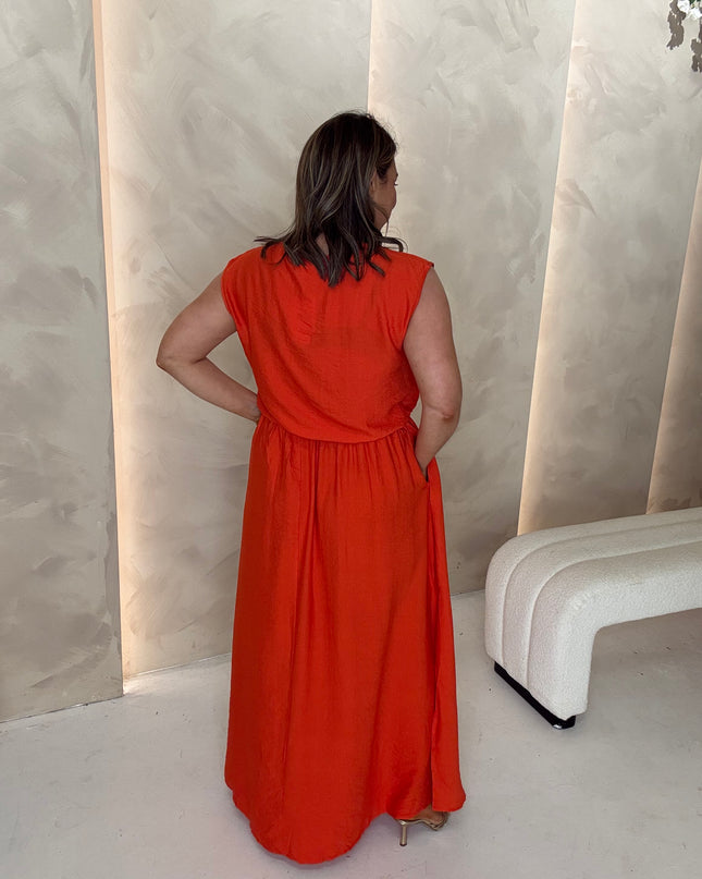 Balloon Hem Top and Midi Skirt Co-Ord - Red