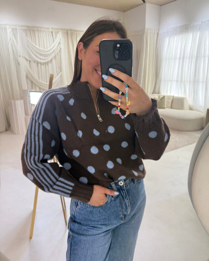 Polka Dot Quarter Zip Knit - Brown/Blue