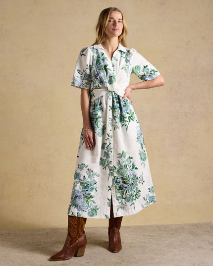 Marina Floral Midi Linen Blend Dress - White/Blue