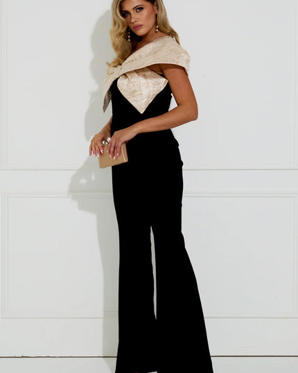 Baroque Velvet Bow Jumpsuit - Black/Gold