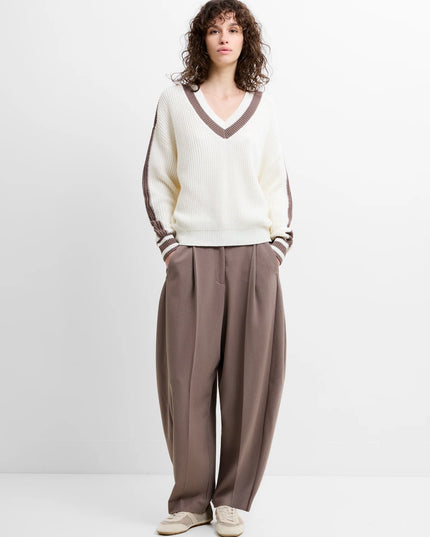 French Connection Varli Varsity V-Neck Jumper - Summer White/Taupe