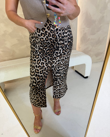 Midi Leopard Denim Skirt