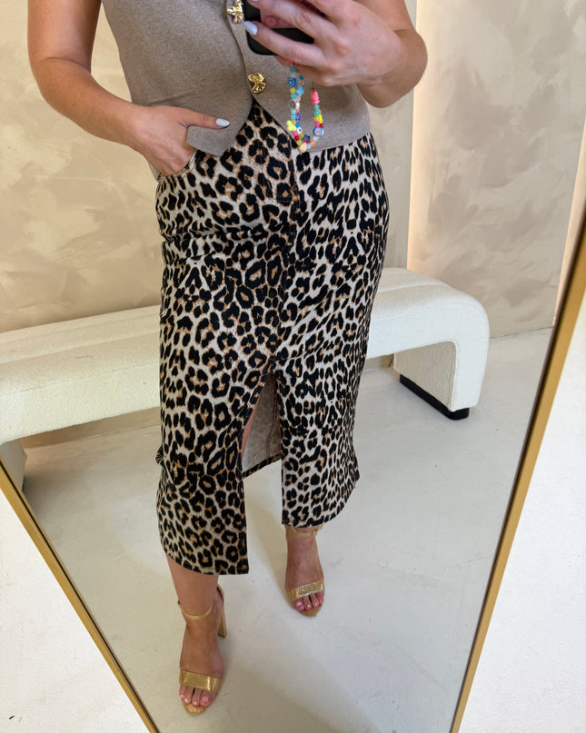 Midi Leopard Denim Skirt