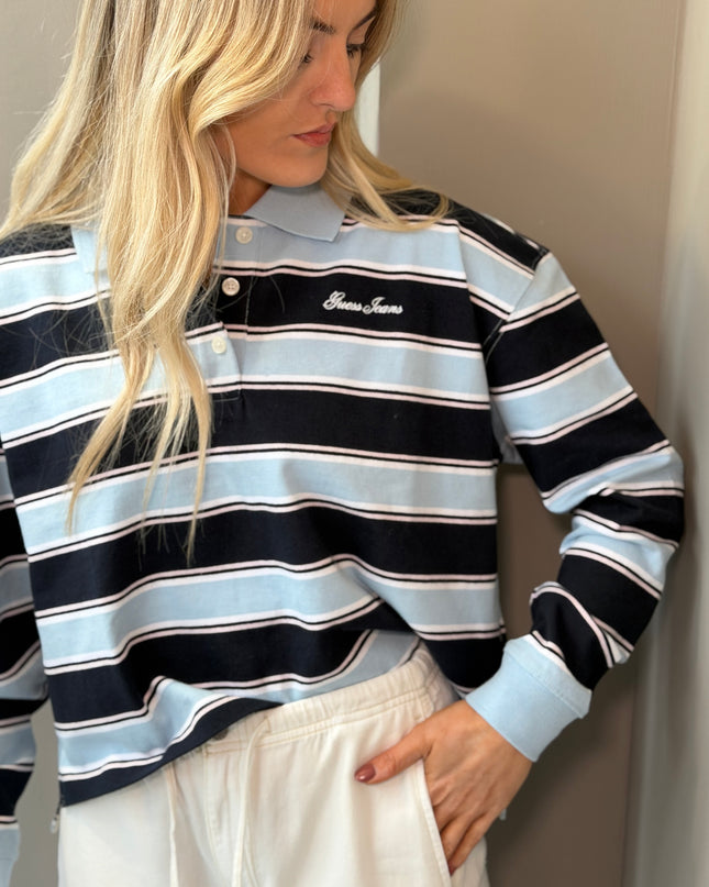 Guess Jeans Crop Polo Shirt - Fog Blue Stripes