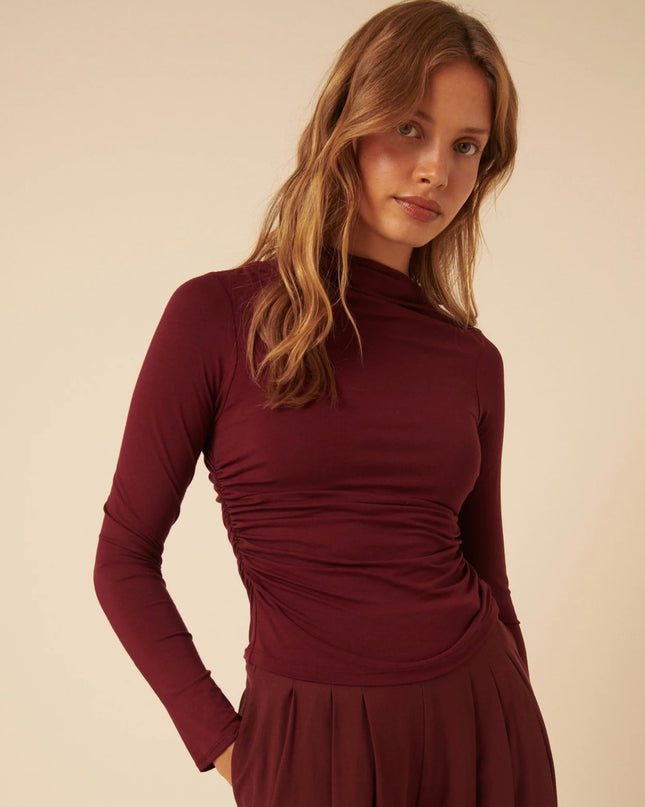 Ruched Long Sleeve Top - Burgundy